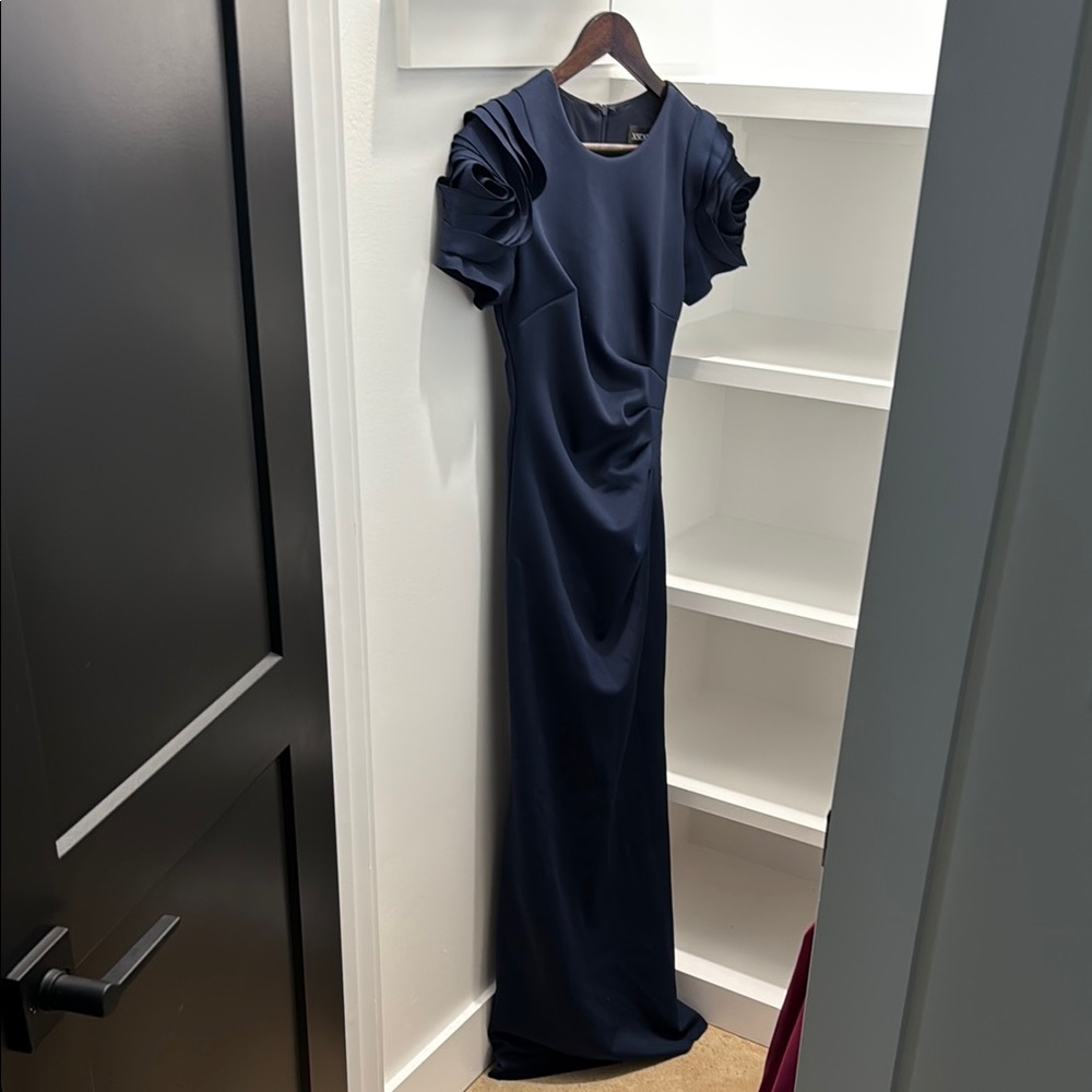 Xscape Blue Ruched Maxi Dress for Wedding Guest
